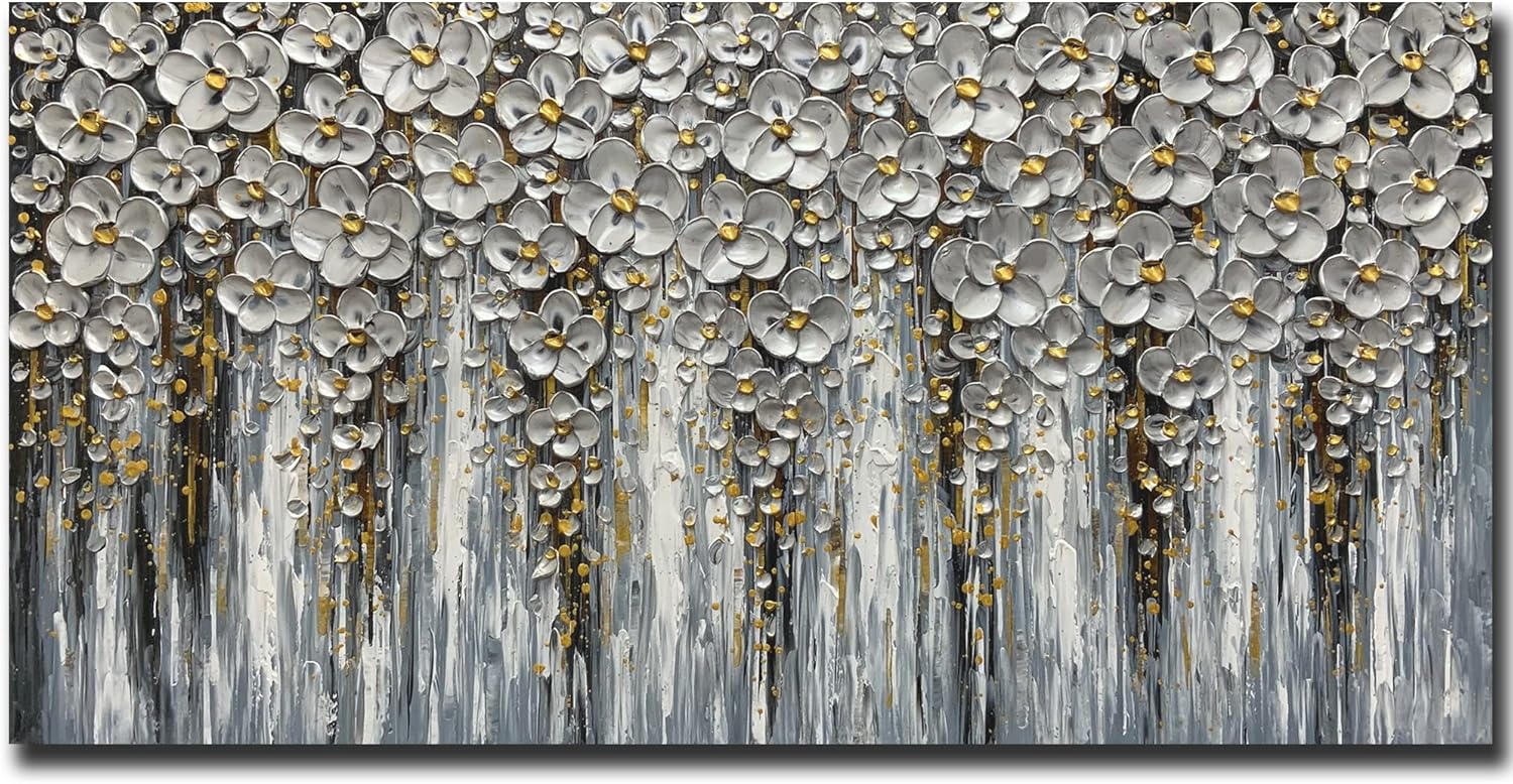 Paintings - Art8YuQi Paintings - Contemporary Abstract Art Oil Painting On Canvas Texture 3D Silver Flower painting Handmade Artwork Picture Canvas Wall Art Modern Home Decor living room Ready to Hang 24x48inch (Silver)