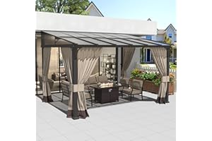 Kurapika 10’ x 12’ Wall Mount Gazebo Outdoor Pergola, Hardtop Lean to Gazebo Canopy Awnings with Sloped Roof and Sturdy Steel Frame, for Patio, Porch, Deck, Backyard(Sand)