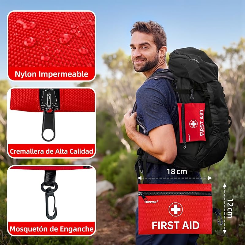 Botiquín de Primeros Auxilios 105 Piezas, Mini Botiquin, Kit de Primeros Auxilios para Casa Viaje Senderismo Coche Moto Trabajo, Rojo