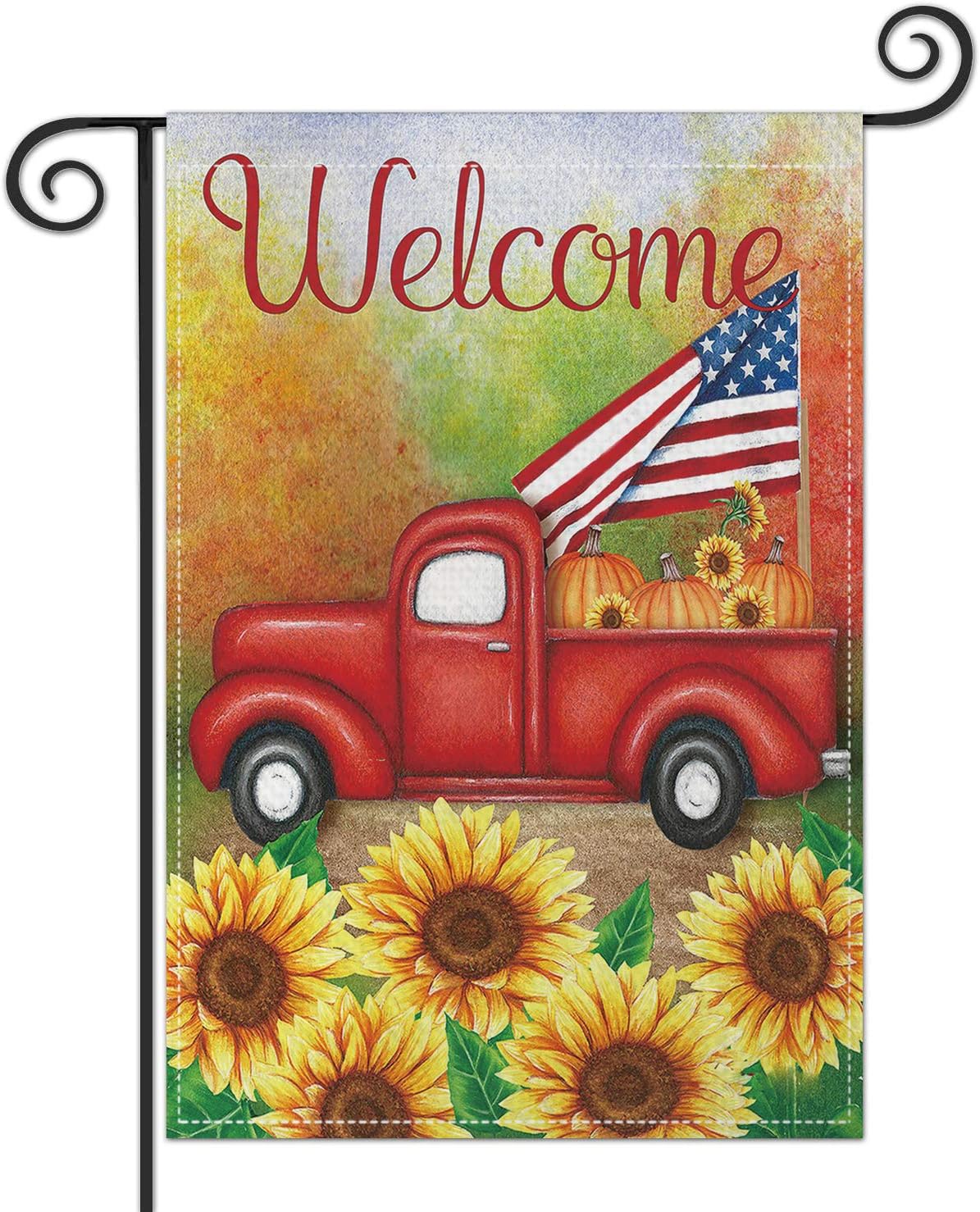 Sunflowers Welcome Garden Flag, Premium Burlap Red Truck USA Flag Outdoor Yard Lawn Flag, Durable Vertical Double Sided Perfect for Patriotic Decor Porch Patio Farmhouse Decorative, 12.5 x 18 Inch