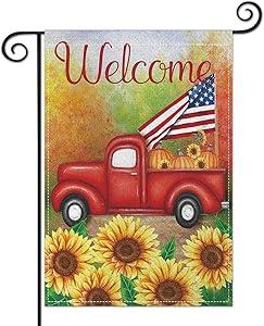 Sunflowers Welcome Garden Flag, Premium Burlap Red Truck USA Flag Outdoor Yard Lawn Flag, Durable Vertical Double Sided Perfect for Patriotic Decor Porch Patio Farmhouse Decorative, 12.5 x 18 Inch