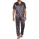 Ekouaer Mens Satin Pajama Set Short Sleeve Button Down Sleepwear Classic Loungewear Set with Long Pants