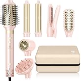 Hair Dryer Brush 8-in-1 Dual Voltage Hot Air Styler &ndash; Fast-Drying 110,000 RPM Ionic Blow Dryer with Straightener &amp; Curler Attachments, Frizz-Free Volumizing Styler with Protective Hard Case-Pink