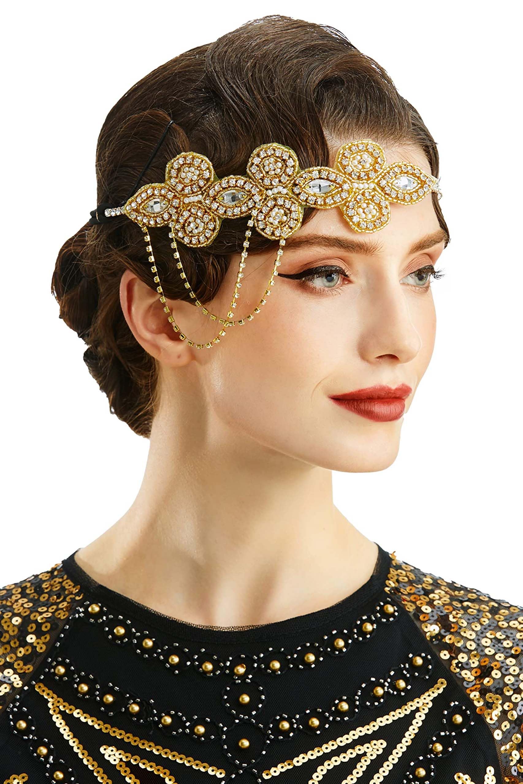 Photo 1 of BABEYOND 1920s Flapper Headband Crystal Great Gatsby Headpiece Roaring 20s Flapper Gatsby Hair Accessories