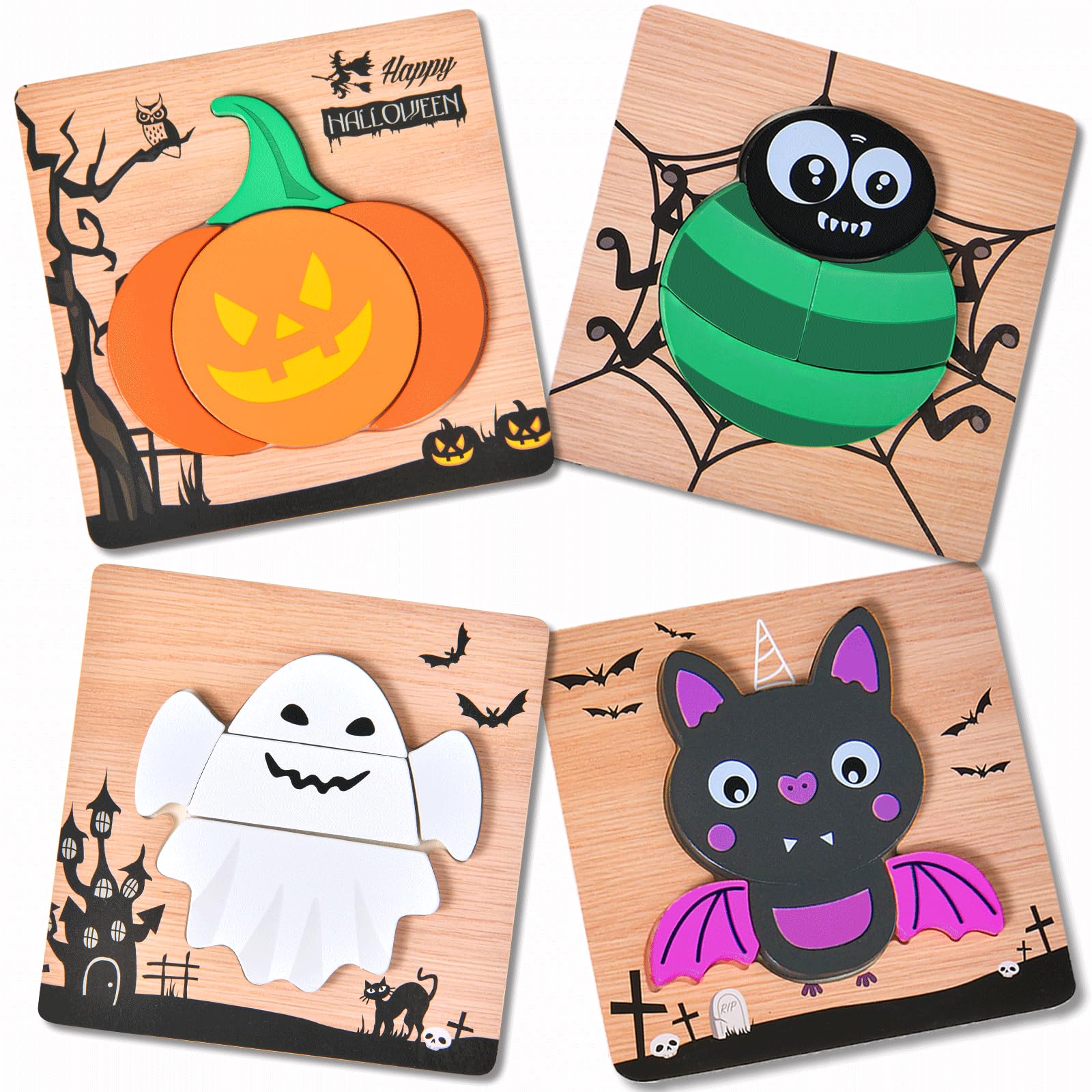 Photo 1 of 4 Pack Halloween Wooden Puzzles for Kids Toddlers Jigsaw Puzzles Halloween Toys for Halloween Party Favors Treat Bag Prizes