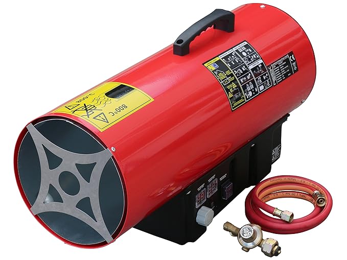 Rotek Gas-Direktheizer mit 50 kW Heizleistung und integriertem Thermostat, Rotek HG-50-230-TI im Set mit Druckregler, Schlauc