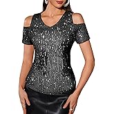 DRESSTELLS Women Sequin Halter Tops Sparkly Sleeveless Tank Tops Dressy Glitter Cocktail Party Shirts Black M