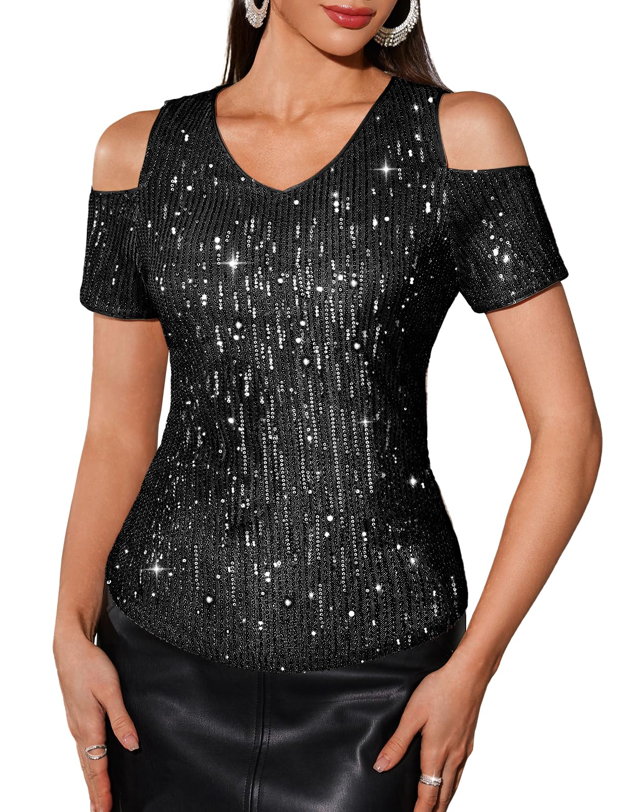 Photo 1 of **INCOMPLETE, SEE NOTES** DRESSTELLS Women's Sparkly Sequin Tops, Holiday Party Glitter Dressy V-Neck Tank Tops for Evening Concert Christmas Outfits Shirts Black 2XL