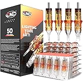 CNC 50PCS Tattoo Cartridge Needles Assorted Mixed Size #12 Round Liner Round Magnum - 3RL 5RL 7RL 9RM 15RM with Membrane Professional Disposable Tattoo Needles EN09-50KIT-X