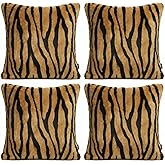 Faylapa 4 Pack Soft Plush Tiger Texture Print Pillow Covers, Animal Theme Print Faux Fur Decorative Throw Pillowcase Home Decor Cushion Cover 16×16 Inches (40×40cm)(Case ONLY)