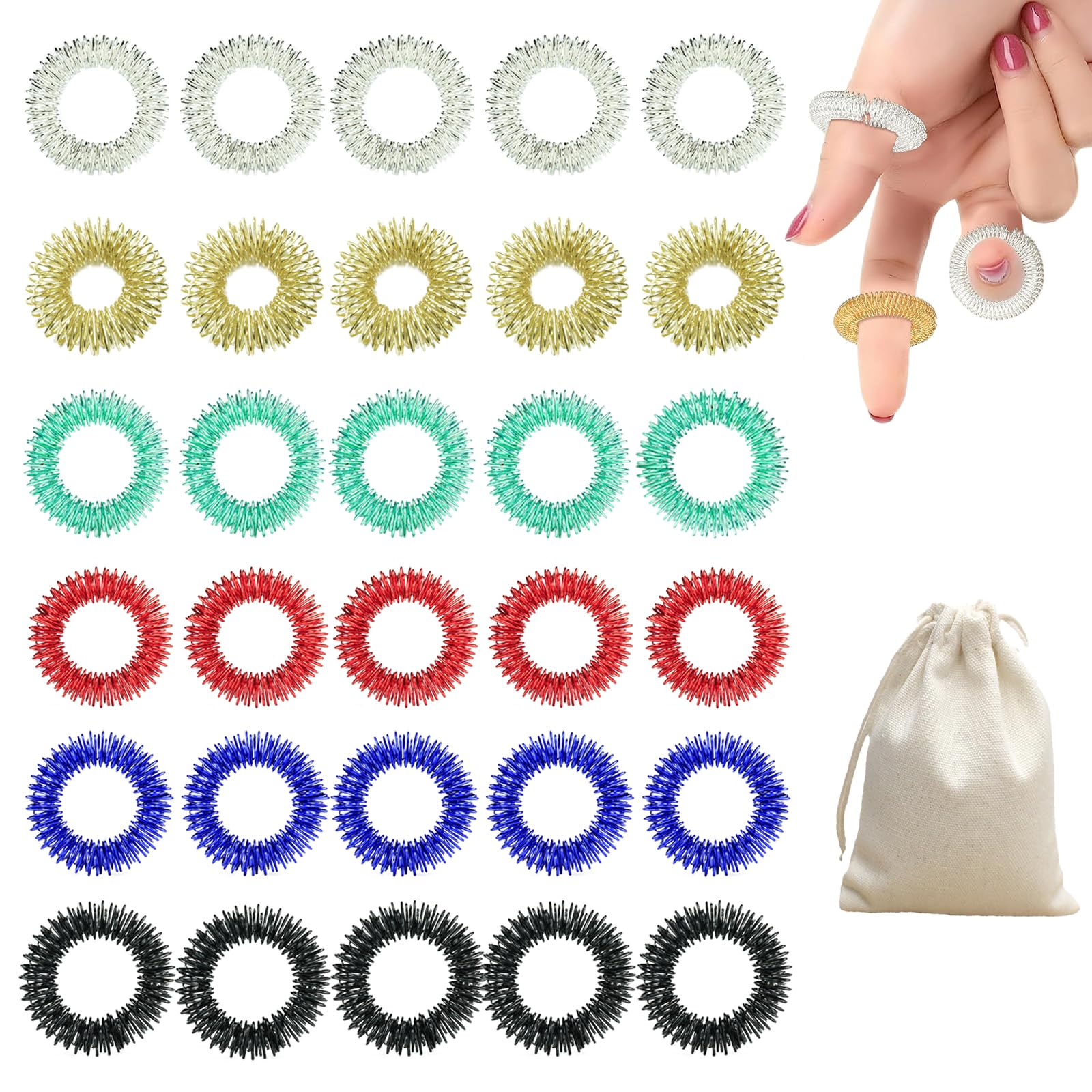 30pcs Acupressure Rings with Drawstring Bag, Massage Rings for Stress Relief Anxiety, Silent Stress Reducer for Teens and Adults, Spiky Sensory Finger Rings for Promoting Blood Circulation.