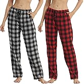 Christmas Pajama Bottoms Women Cotton Flannel Pj Pants Fuzzy Plaid Pajamas with pockets & drawstring Soft Lounge Sleepwear