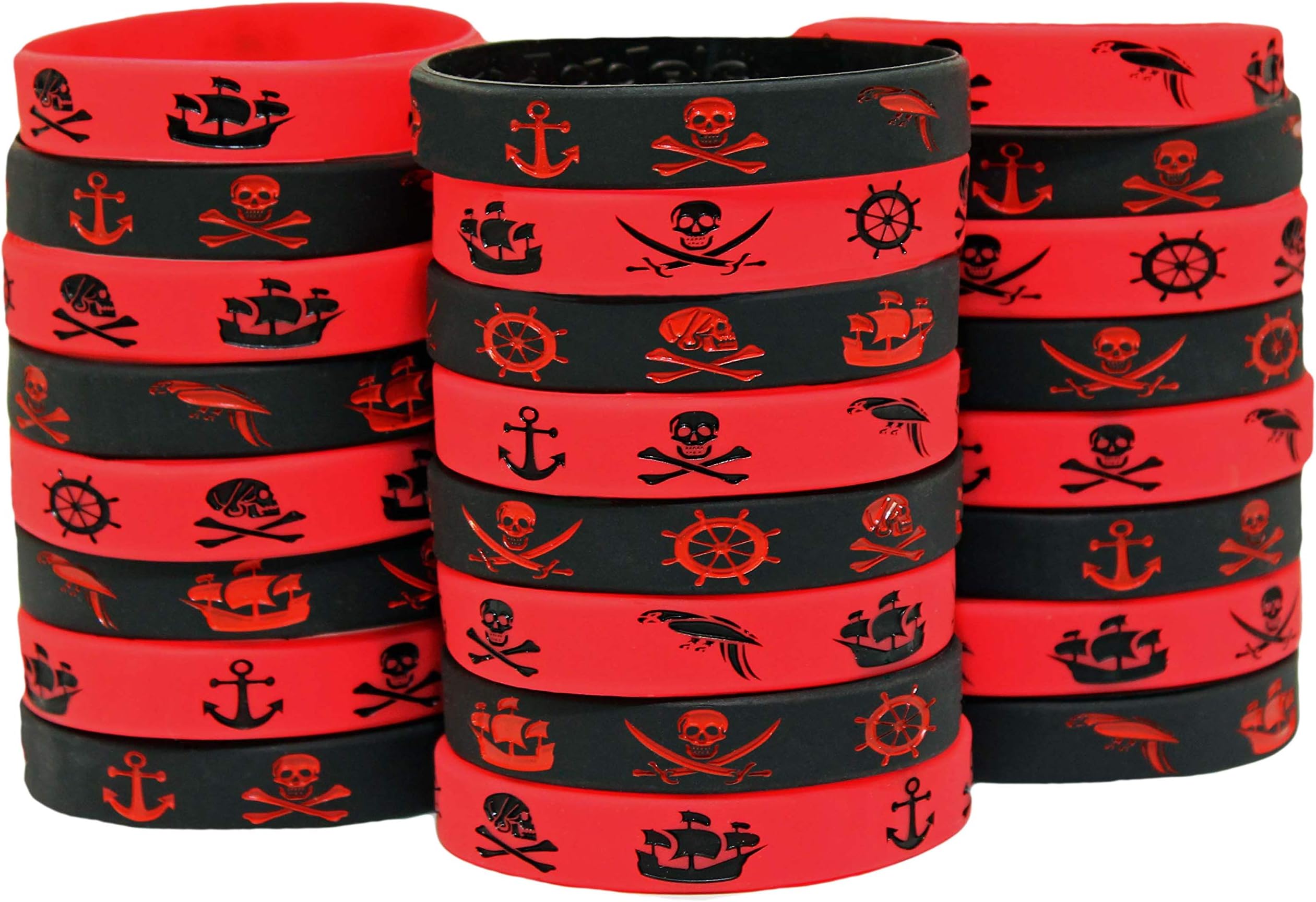 Pirate Party Favors - 24 Pack Caribbean Pirates Silicone Wristbands - Pirate Party Supplies - 24 Pack Pirate Silicone Bracelets - Great for Pirate Themed Parties! (24 Pirate Wristbands)