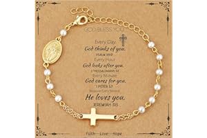 Semoya Catholic Bracelets Gifts for Women Girls, Simulated Pearl Rosary Beads Virgin Mary Cross Charm Bracelet Confirmation First Communion Baptism Religious Christian Jewelry Gift