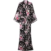 Women's Long Kimono Robes Silky Floral Bathrobe with Blossoms Printed Bridesmaid Wedding Nightgown