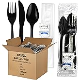 KitchenDine 100 Pack Medium Weight Wrapped Black Plastic Cutlery Pack with Napkin and Salt/Pepper Packets (Black)