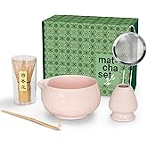 Matcha Whisk Set, Ceramic Matcha Set Includes Matcha Bowl, Matcha Whisk and Holder, Bamboo Scoop, Sifter 5 Pcs Matcha Kit for Matcha Lovers (Light Pink)