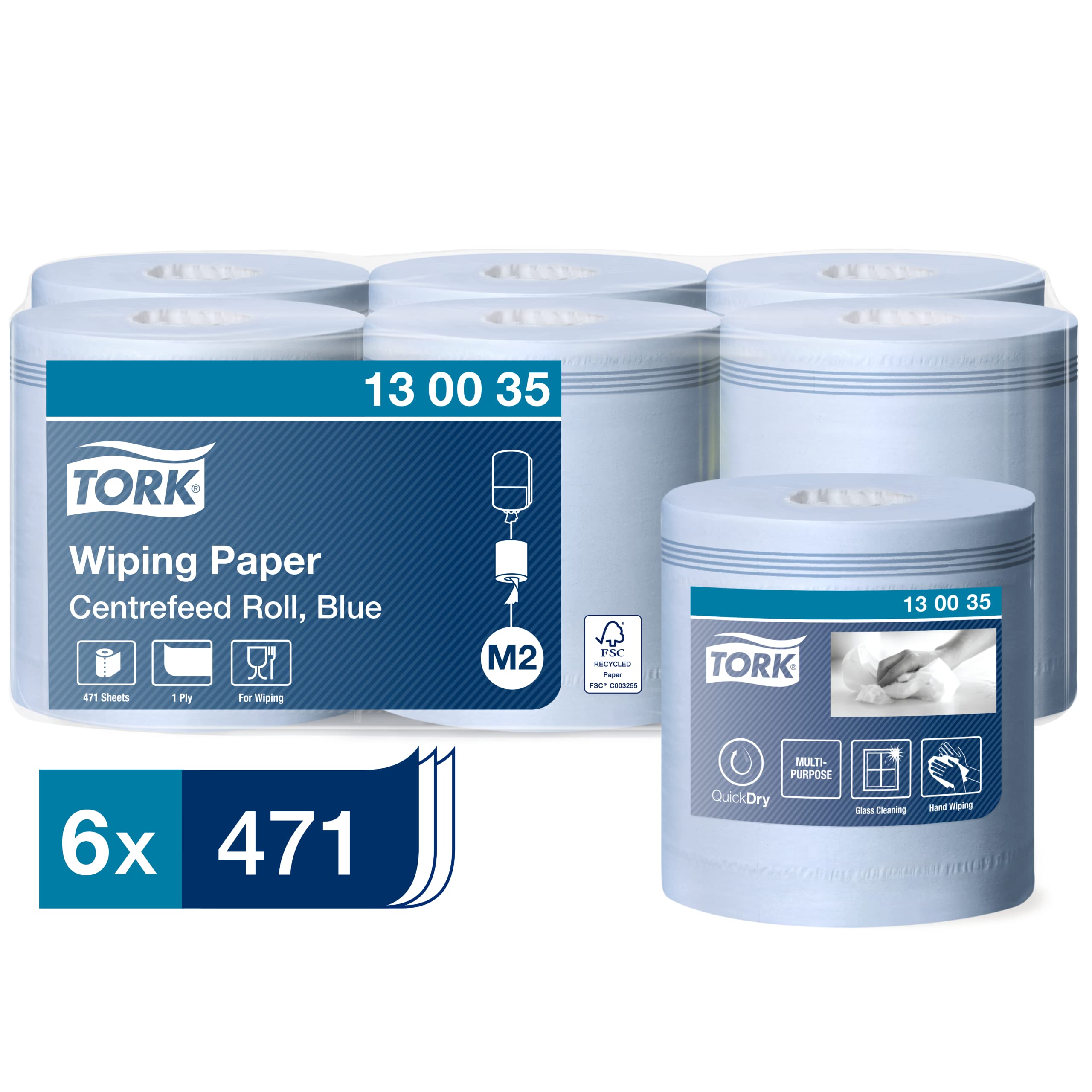 Tork 130035 Multipurpose Wiping Paper Towels/Paper Rolls Suitable for M2 Centrefeed System Big Dispensers/Blue / 6 x 165m / Ø 19cm