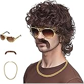 M MISS U HAIR 70s Wigs for Men Disco Wig for Halloween Party Short Brown Feathered Hair with Glasses Gold Necklace Mustache