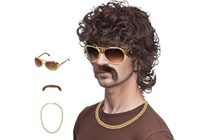 M MISS U HAIR 70s Wigs for Men Disco Wig for Halloween Party Short Brown Feathered Hair with Glasses Gold Necklace Mustache