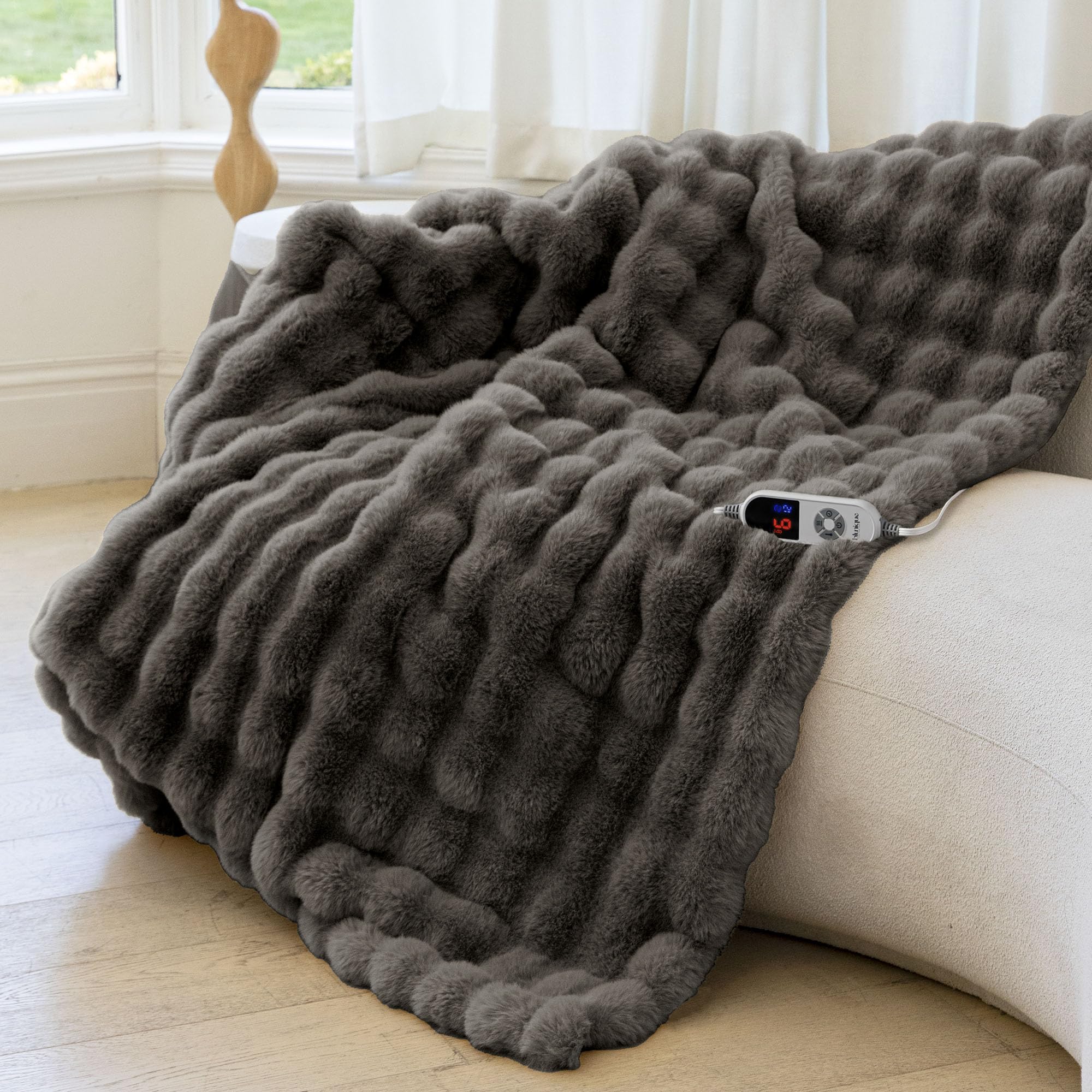 Photo 1 of Electric Heated Blanket for Girls & Women, Soft & Luxurious, Faux Rabbit Fur Heating Throw Blankets, 6 Heat Settings, Overheat Protection, Quick Heating, Memory Function, Gift-Ready Design, 50"x60"
