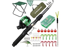 DaddyGoFish Kids Fishing Pole – Telescopic Rod & Reel Combo with Collapsible Chair, Rod Holder, Tackle Box, Bait Net and Carr