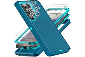 YKHJKLEC for Samsung Galaxy S25 Ultra Case, Compatible with Magsafe, Military Grade 3 in 1 Heavy Duty Case with 2Pcs Tempered Glass Screen Protector & Camera Lens Protector (New-Blue/Turquoise)