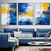 Tevenuktla Yellow Blue Painting Blue and Yellow Wall Art for Living Room Blue Abstract Painting Modern Blue Abstract Poster Navy Blue Wall Art Prints 16x24inchx3 No Frame