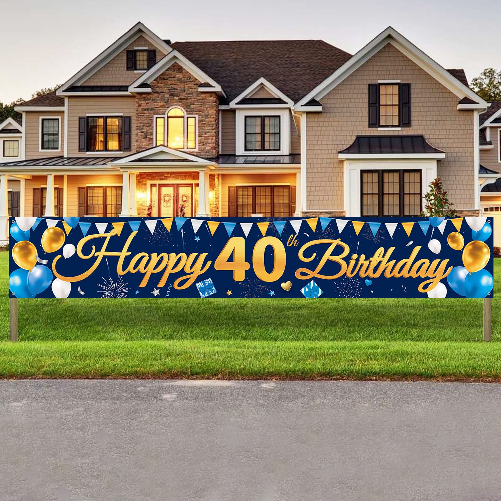 Domgoge Happy 40th Birthday Banners Navy Blue Gold Fabric 40th Birthday Banner 300x50cm Happy Birthday Yard Sign Banner Backdrop for 40 Years Old Birthday Party Forty Fortieth Birthday Decorations