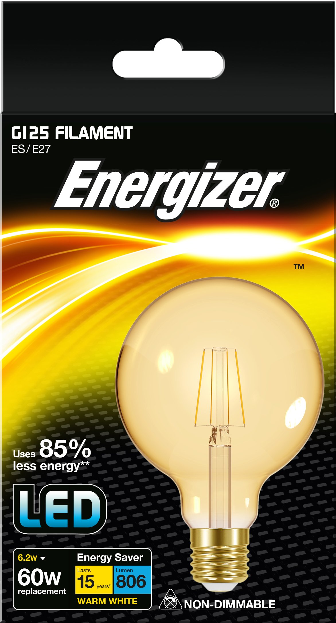 Energizer E27 Golf G125 LED Gold Filament Light Bulb - 5W. Warm White 2200K, 470 Lumen Energy Saving Lightbulb. Non-Dimmable - Large Edison Screw (ES)