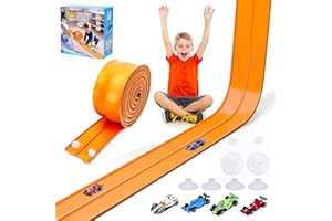 FUTESI Flexible Race Car Track for Kids 15 Ft Flex Tracks Starter Set Compatible with Diecast 1/64th Cars Portable Rolls Up Race Tracks with Strong Suction Cups Birthday Gifts for Boys Girls Ages 3+