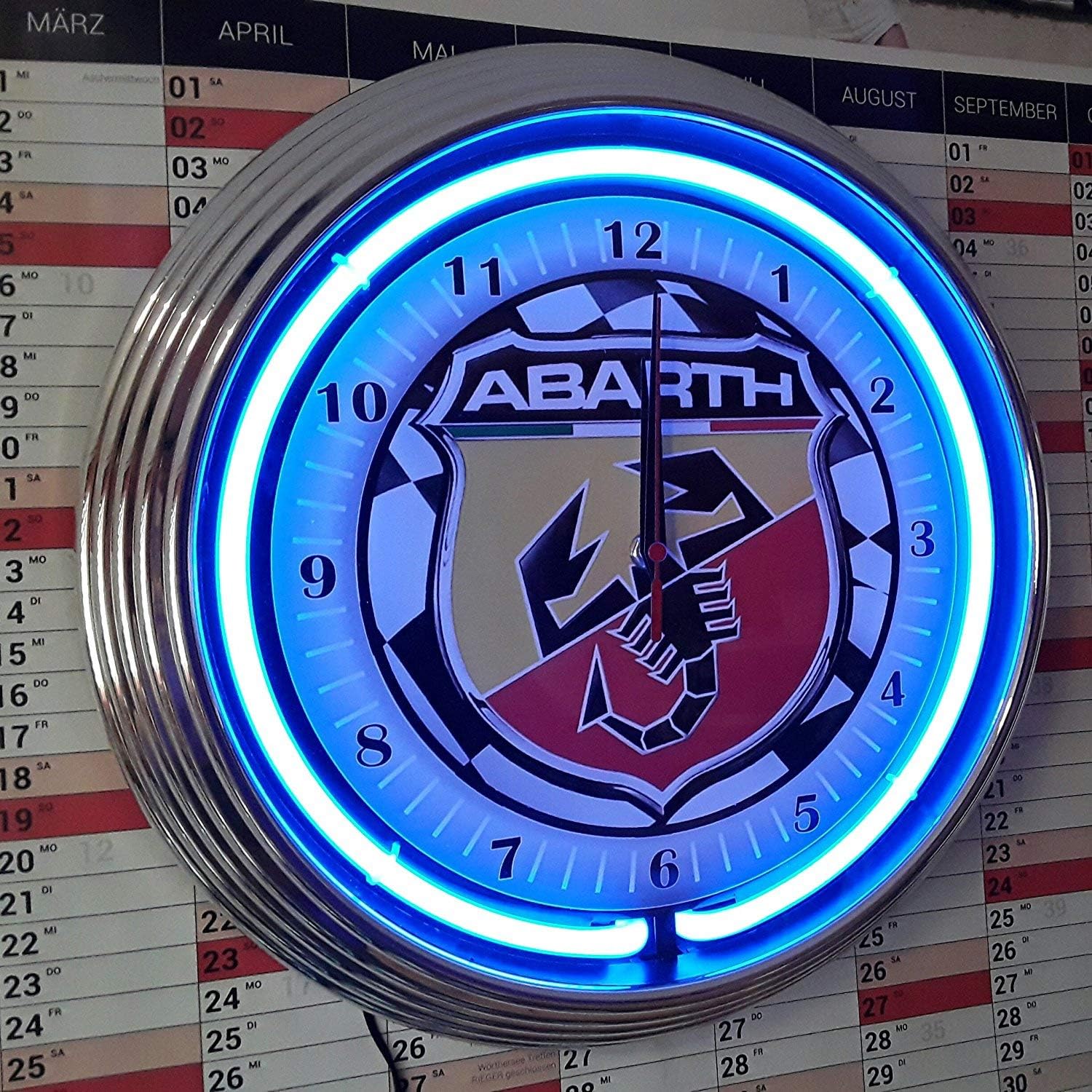 NEON Clock Abarth Racing Flag 3 Garage Sign WALLCLOCK Blue NEON Rim