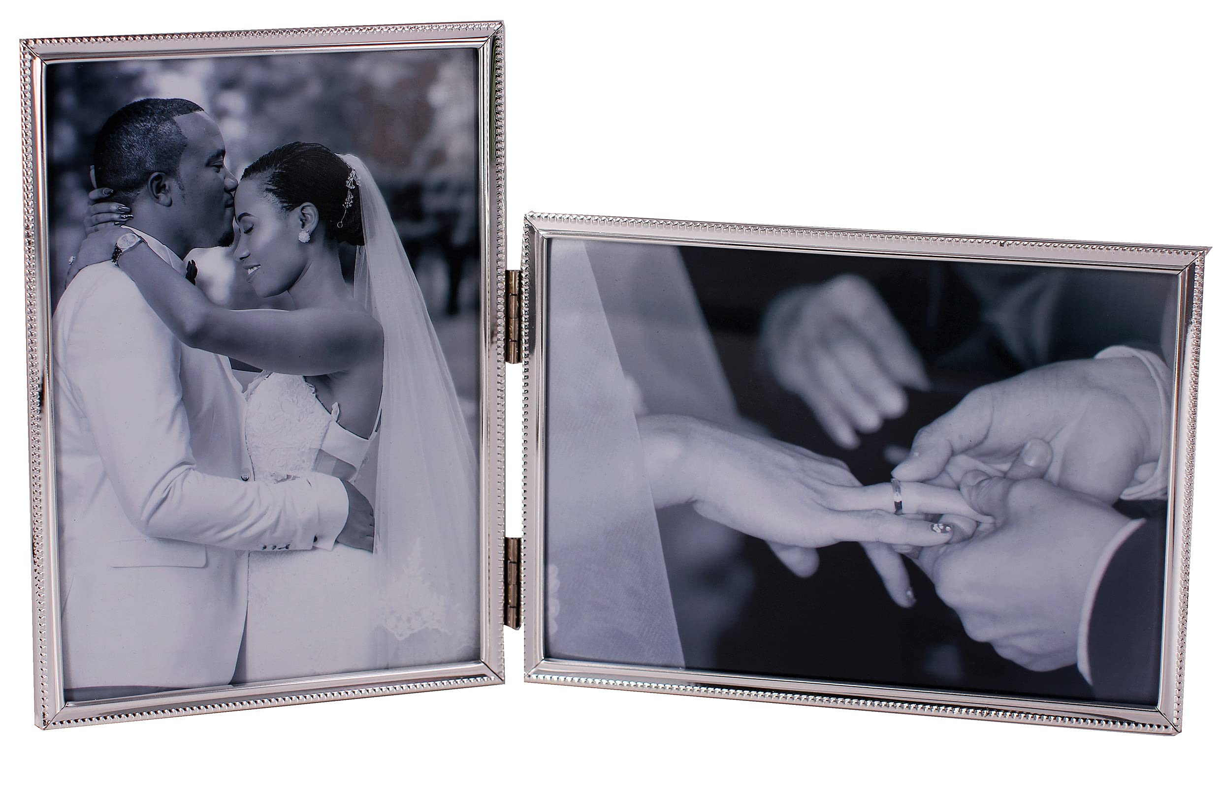 LEADEX Vertical Horizontal Combo- Double 5 by 7 Inch Metal Folding Picture Frames-(1 Landscape and 1 Portrait Style) (Silver)