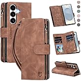 CAESBON for Samsung Galaxy S25-Plus-Wallet Case: for Galaxy S24 Plus with RFID Blocking Card Slots (6 Cards) | Soft PU Leather Magnetic Snap Zipper Pocket Wrist Strap Protective Phone Cover - Brown