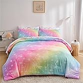 URLINENS Rainbow Girls Full Comforter Set with Sheets, 7 Pieces Full Bed in a Bag with Comforter, Sheets and Pillowcases, Soft Microfiber Pastel Glitter Fun Girly Full Bedding Set for Kids Teens