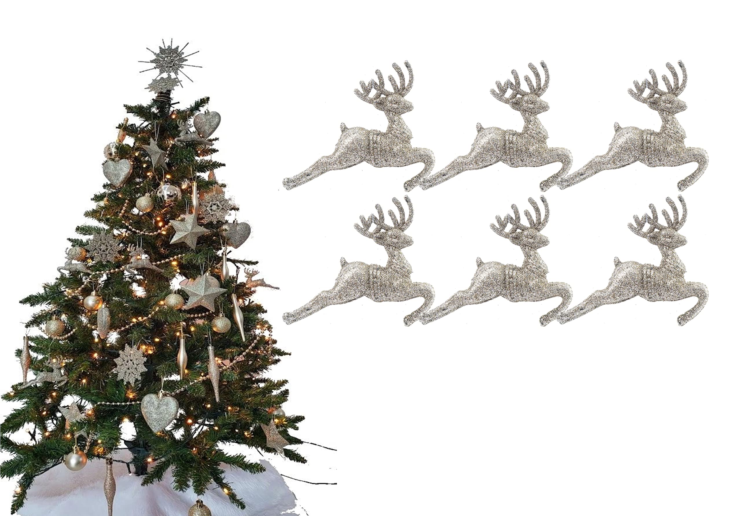 Simply Products Pack of 6 - Hanging Glitter Reindeer Christmas Tree Decorations - 2.2cm x 9.5cm (Champagne (Gold))
