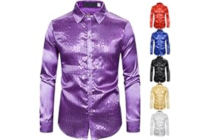 Men Metallic Sequin Shirt Vintage 70s Disco Rave Outfits Men's Sparkly Sequin Dress Shirt Disco Carnival Costume