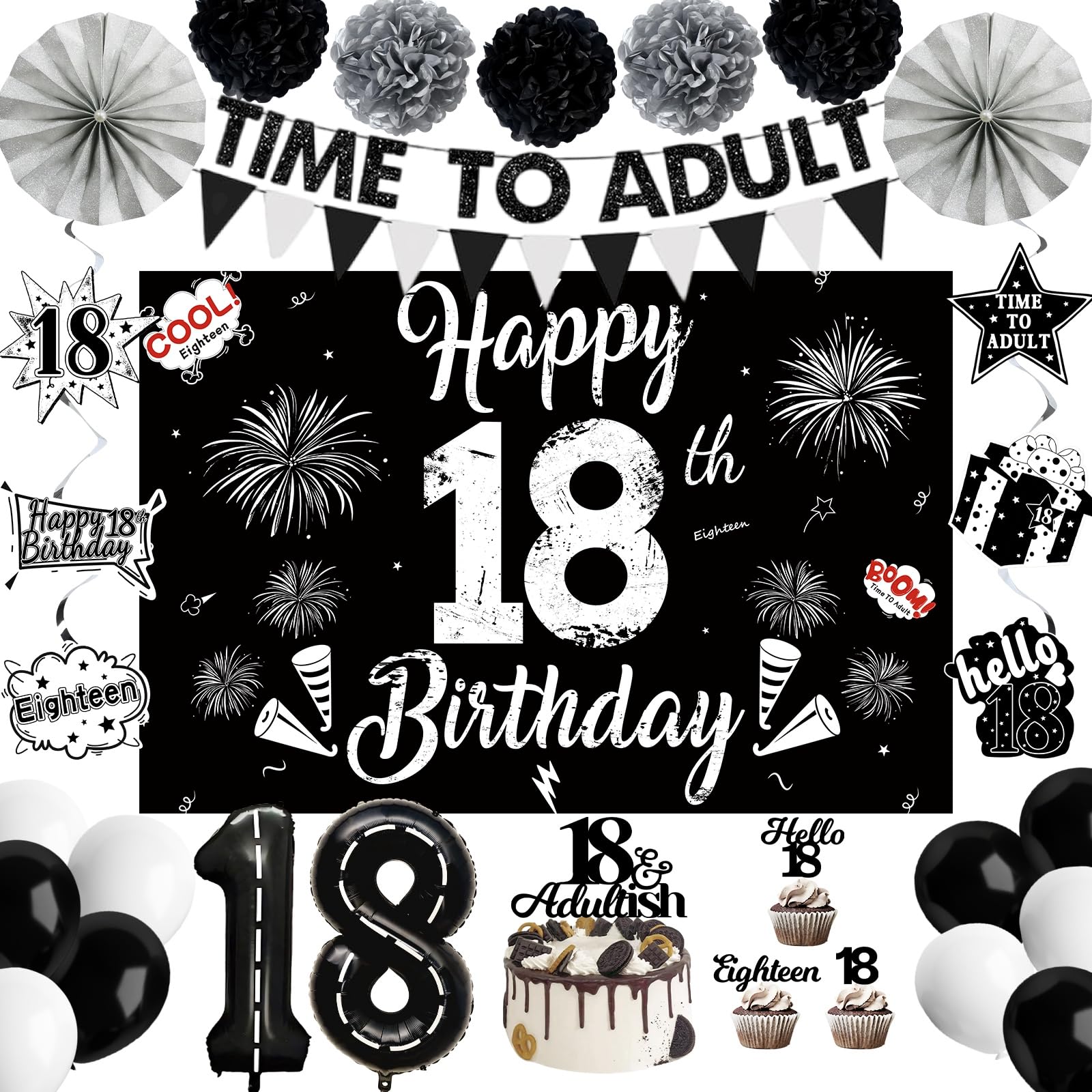 Photo 1 of 18th Birthday Decorations for Boys Girls, TIME TO ADULT Banner Black Happy Birthday Backdrop 18th Number Balloons Paper Pom Poms Hanging Swirl&Paper Fan Cake Topper for Happy 18th Birthday Party Decor