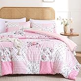 YIKUSH Queen Comforter Set - Pink Spring Floral Comforter Queen Size Patchwork Flower Cozy Bedding Set 3 Pieces for All Season, Cute Pattern 1 Comforter (90"x90") and 2 Pillow Shams (20"x26")