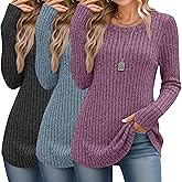 Huukeay 3 Pack Women's Long Sleeve Sweaters Lightweight Crew Neck Tunic Tops with Thumb Holes Loose Ribbed Curved Hem Shirts
