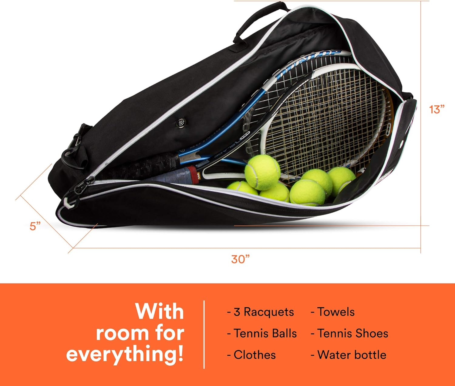 Fitdom Black Tennis Racket Bag - Can Carry Up to 3 Racquets. Perfect for Men, Women, Junior & Kids. Made from Heavy Duty Zipper & Durable Exterior for Your Gears, Towels, Balls and Accessories. : Sports & Outdoors