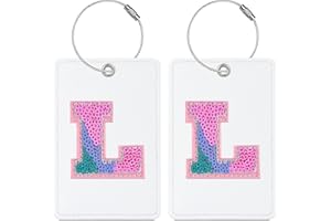 Sodsay 2 PCS Initial Luggage Tag, Luggage Tags for Suitcases Cute Sequin Letter PU Leather Travel Bag Baggage Tags ID Label with Steel Loops for Women Kids Teens(L, White Leather+Colorful Letter)