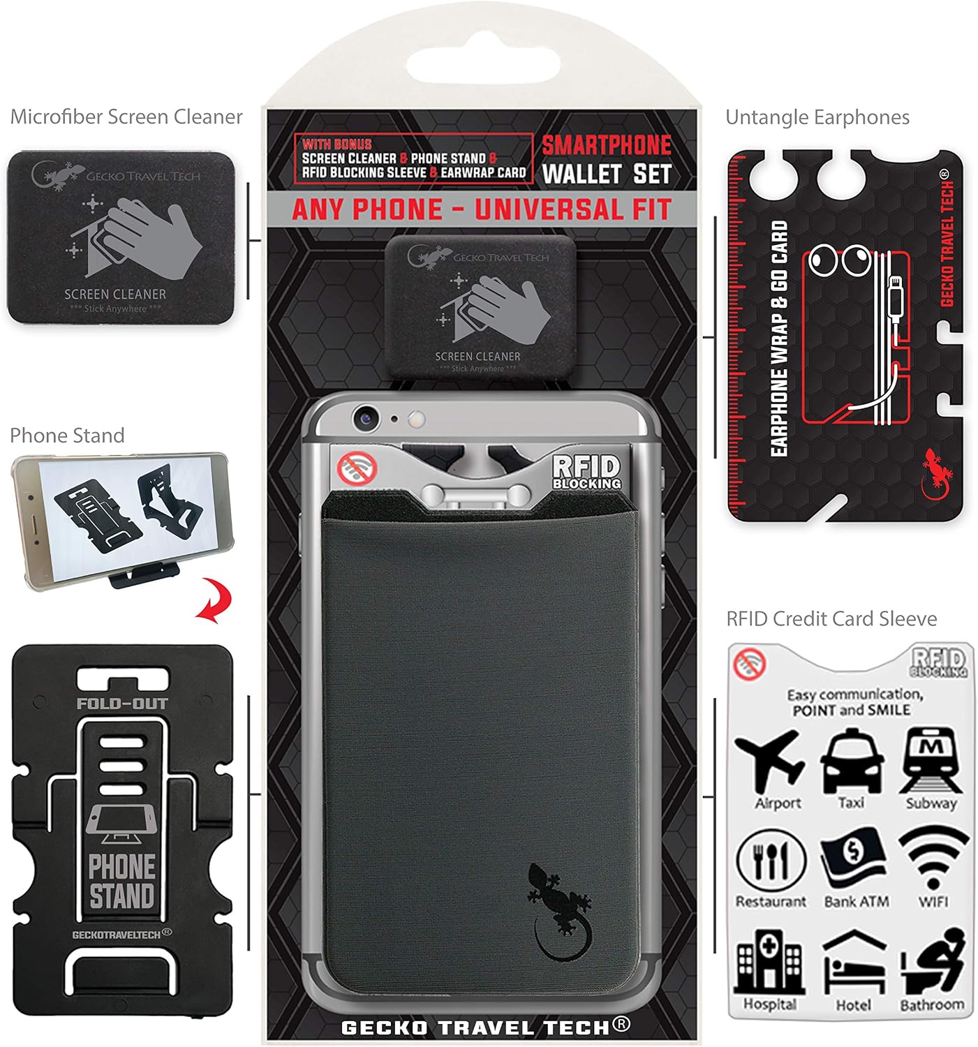 Gray Gecko Phone Case Card Holder Stick On - Gray Black Adhesive Phone Wallet - Stretchy Pocket with Bonus Stand & Screen Cleaner - Image 5