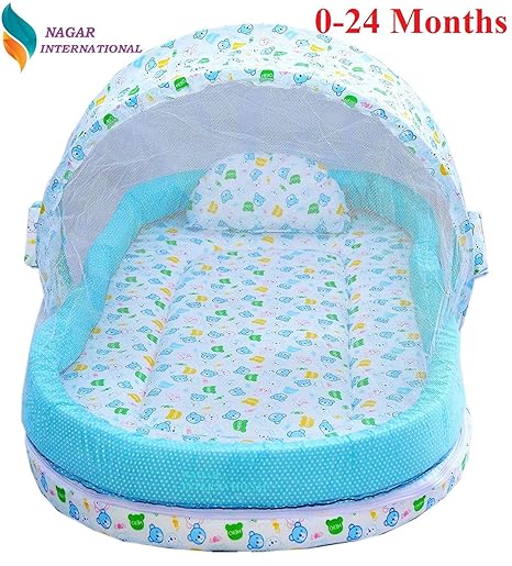 Nagar International Baby Cotton Mattress with Mosquito Net and Bumper Guard (Blue)