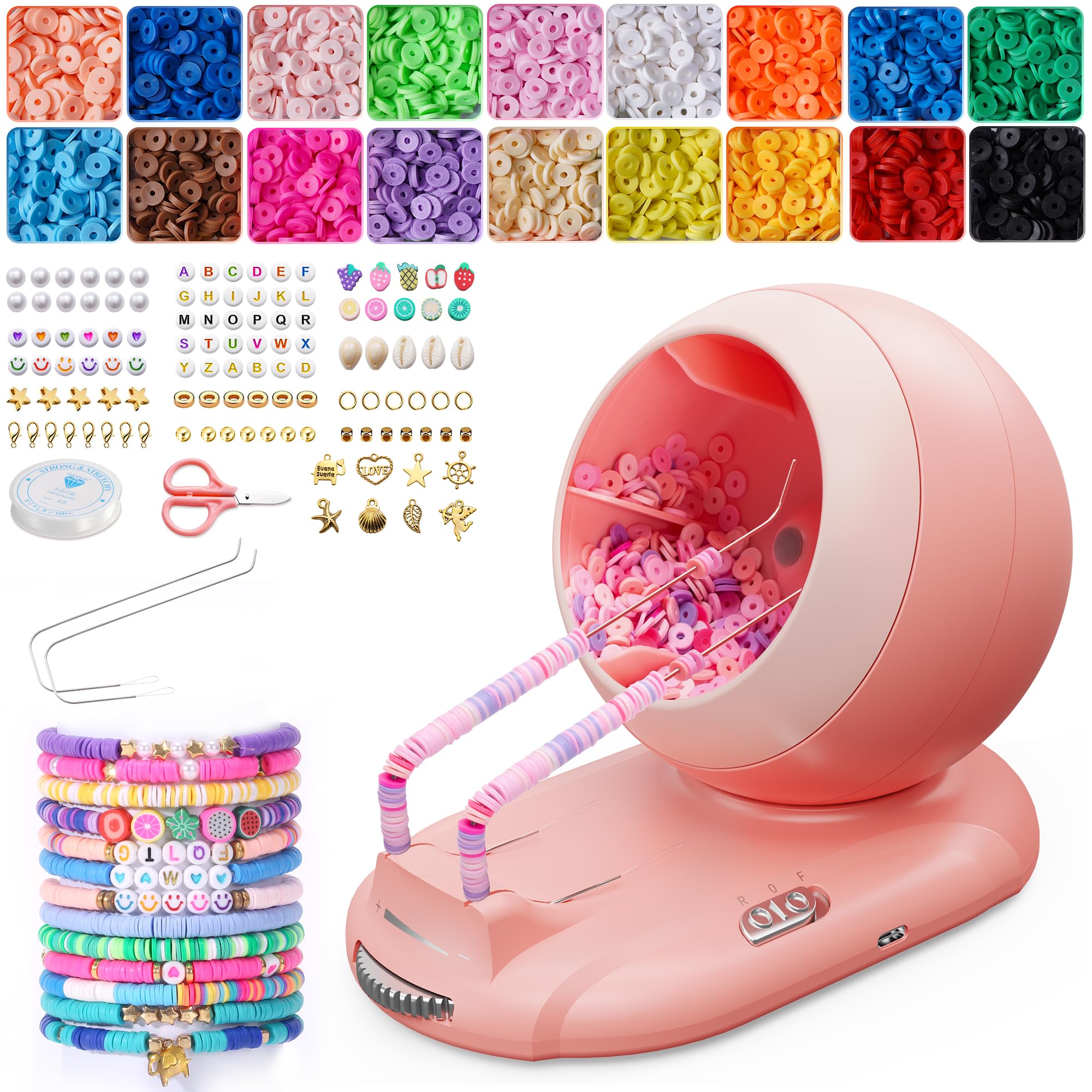 Photo 1 of ETUDAW Bead Spinner, Rechargeable Electric Clay Bead Spinner Kit for Bracelet Making, Beginner 4500PCS Clay Beads Kit with Dual Needles and Adjustable Speed, Gift for Holidays, Birthdays (Pink)