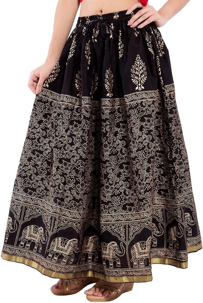 ooltah chashma Cotton Gold Printed Straight Long Skirt for Women (Size: Length- 38 Inches) Waist- Non Stretch- 26 X…