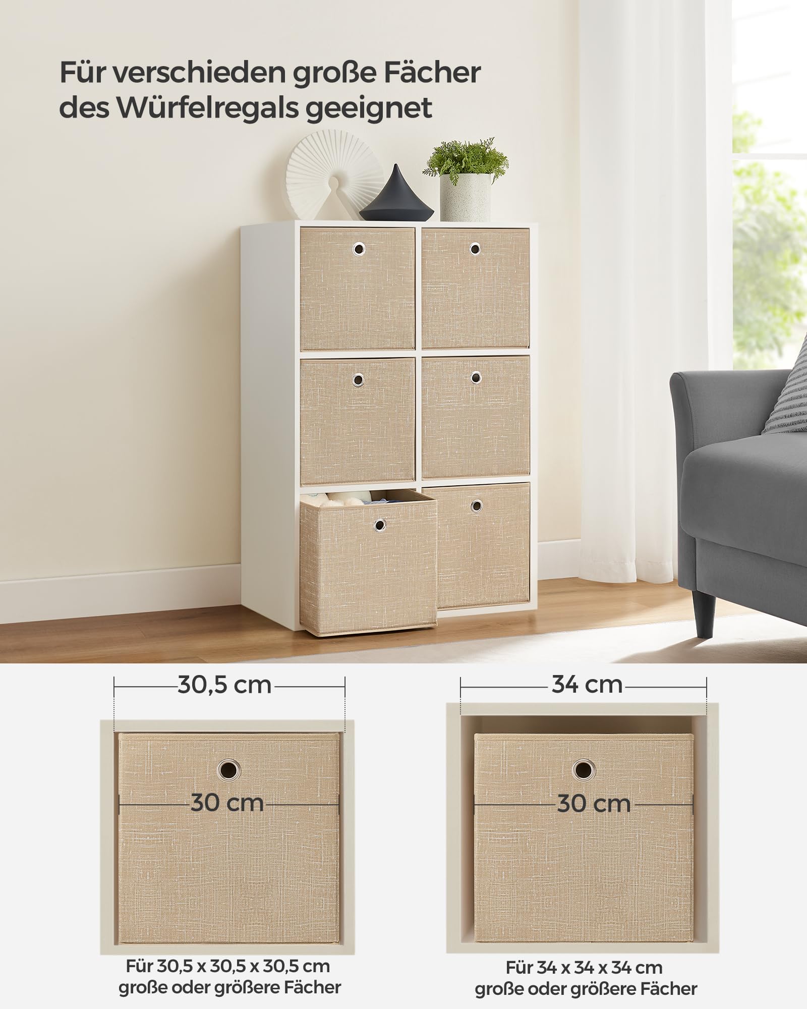 SONGMICS Aufbewahrungsbox, 6er Set, Ordnungsboxen aus Vliesstoff mit Griff, Boxen Aufbewahrung, 30 x 30 x 30 cm, Organizer Box, für Würfelregal, Faltbox, Kleideraufbewahrung, sandbeige RFB006K03 7