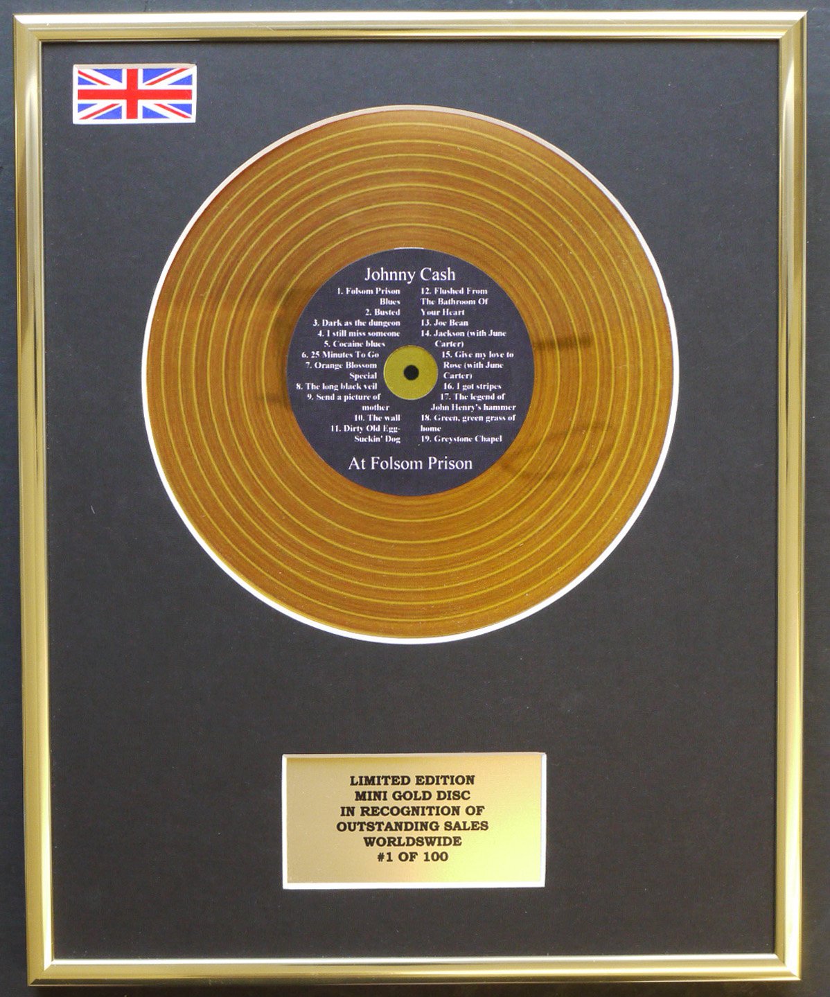 Limited Edition mini gold disc Display JOHNNY CASH/MINI GOLD DISC DISPLAY/LIMITED EDITION/COA/AT FOLSOM PRISON