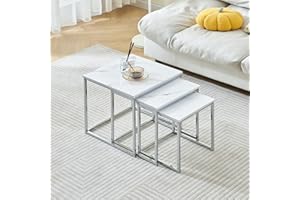 nozama Set of 3 Square End Table Side Table Nesting Nightstand Chrome Finish Contemporary Furniture Home Living Room for Small Space Faux Marble Gloss White