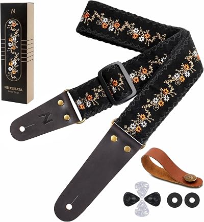 Nefelibata Flower Embroidery Guitar Strap with Cowhide Ends 2in Wide Length